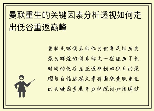 曼联重生的关键因素分析透视如何走出低谷重返巅峰