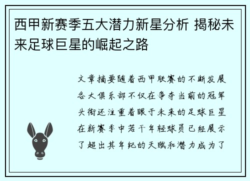 西甲新赛季五大潜力新星分析 揭秘未来足球巨星的崛起之路